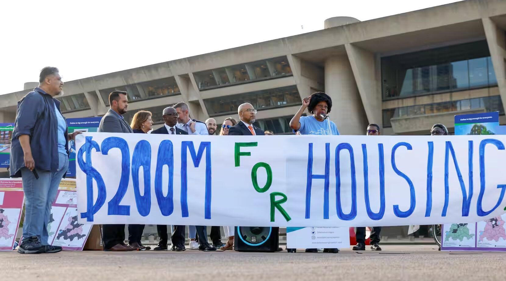 Former Dallas City Council member Diane Ragsdale speaks during an affordable housing rally sponsored by Dallas Housing Coalition on Wednesday, Sept. 20, 2023 at Dallas City Hall. (Shafkat Anowar / Staff Photographer)